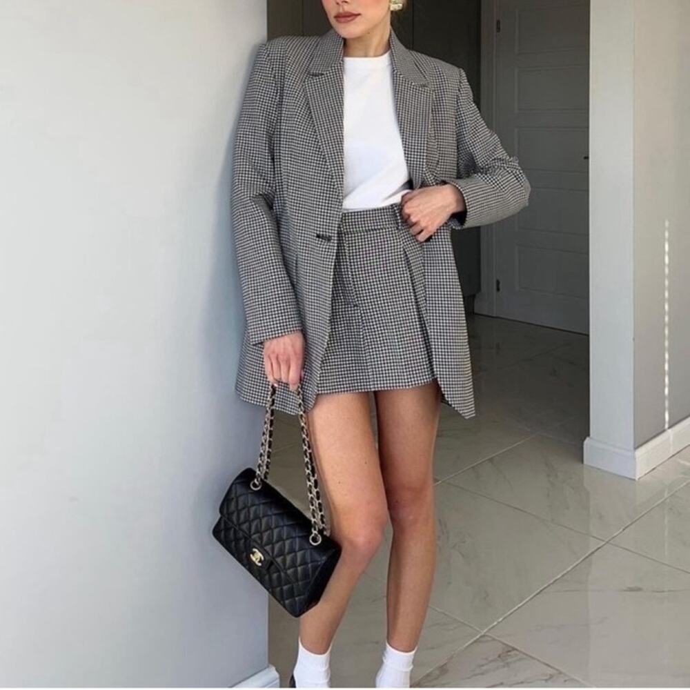 Zara Blazer Black and White Gingham Straight Cut Blazer - Picture 2 of 10